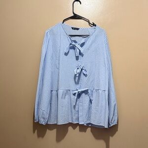 Elegant Blue Gingham Blouse with Bow Details